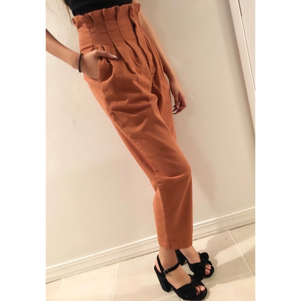 Rust color Paperbag high waisted pleated pants.